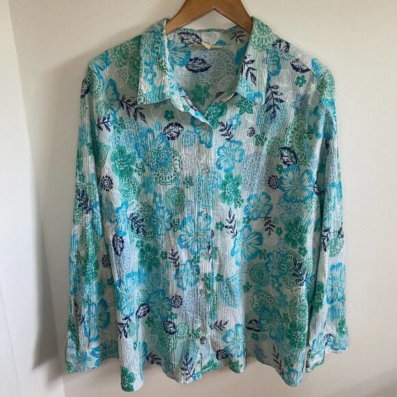 Vintage - Appleseed's - blue floral print pattern button down top - Picture 7 of 7